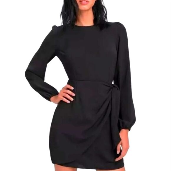 Lulus Dress Believe It or Knot Black Long Sleeve Tie-Front Skater Short Mini‎ S - Picture 1 of 14